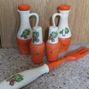 Vintage 70's 5 Piece Salad Cruet Set Ceramic & Plastic (K242)